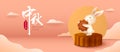 3D illustration of Mid Autumn Mooncake Festival theme with cute rabbit character on mooncake podium on paper graphic oriental clou Royalty Free Stock Photo